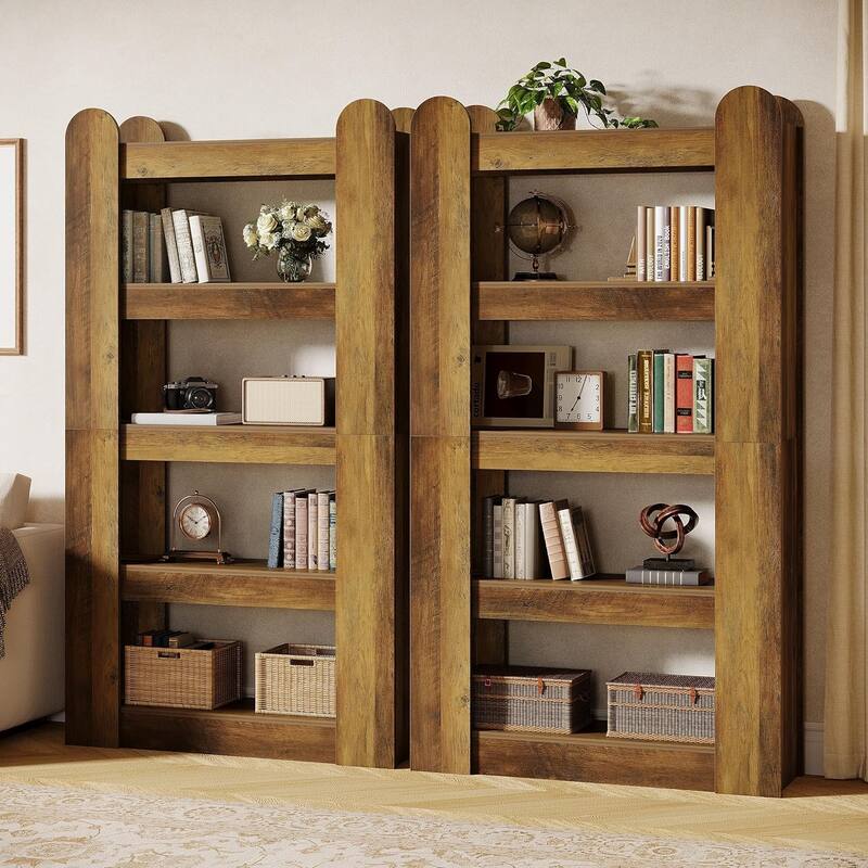 5-Tier Tall Bookshelf, 70.86-inch Farmhouse Wooden Bookcase, Freestanding Display Shelf Storage Shelves - 2pcs
