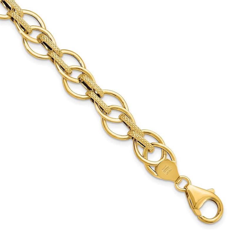 Curata 11mm 14k Yellow Gold Polished and Textured Fancy Link Bracelet 7.5 Inch