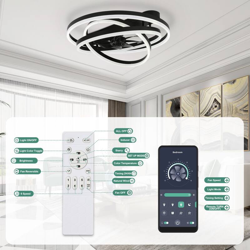 Cusp Barn Modern 24-In Modern DIY Shape Ceiling Fan with Lights, Low Profile Flush Mount DC Motor Dimmable LED Ceiling Light