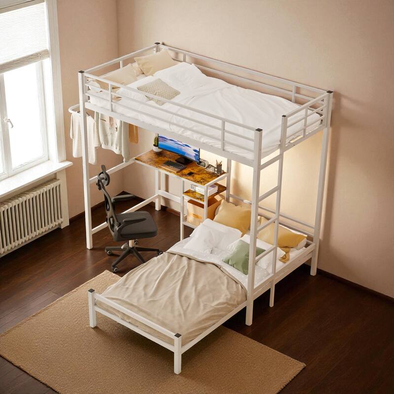 Twin Over Twin Metal Bunk Bed with Desk, L-Shaped Loft Design, Storage Shelves, Drawers, Guardrails and Ladder for Teens