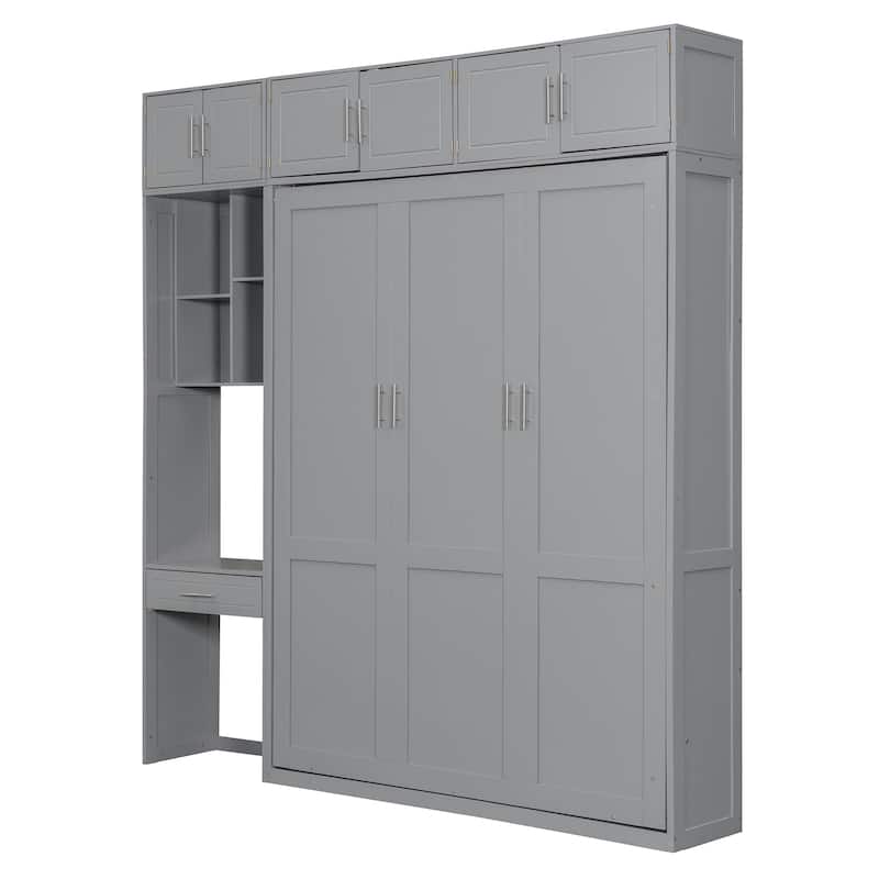 Queen Size Murphy Bed Hidden Cabinet with Desk and Drawer, Foldable Wood Wall Bed Frame with Top Cabinet & Storage Shelves