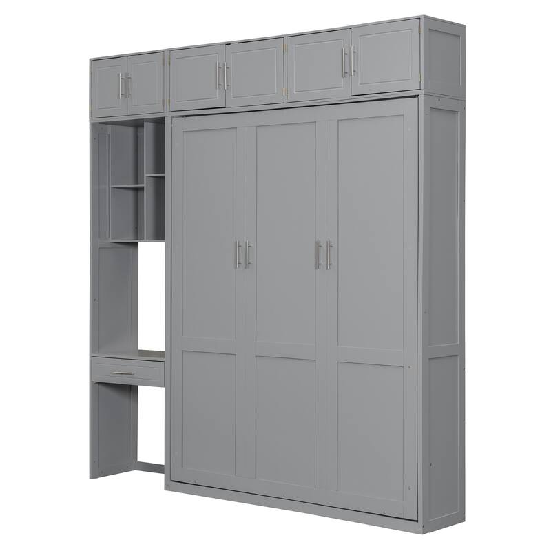 Queen Size Solid Wood Murphy Bed with Built-In Desk, Cabinets & Shelves, Foldable Wall Bed, Multifunctional Storage