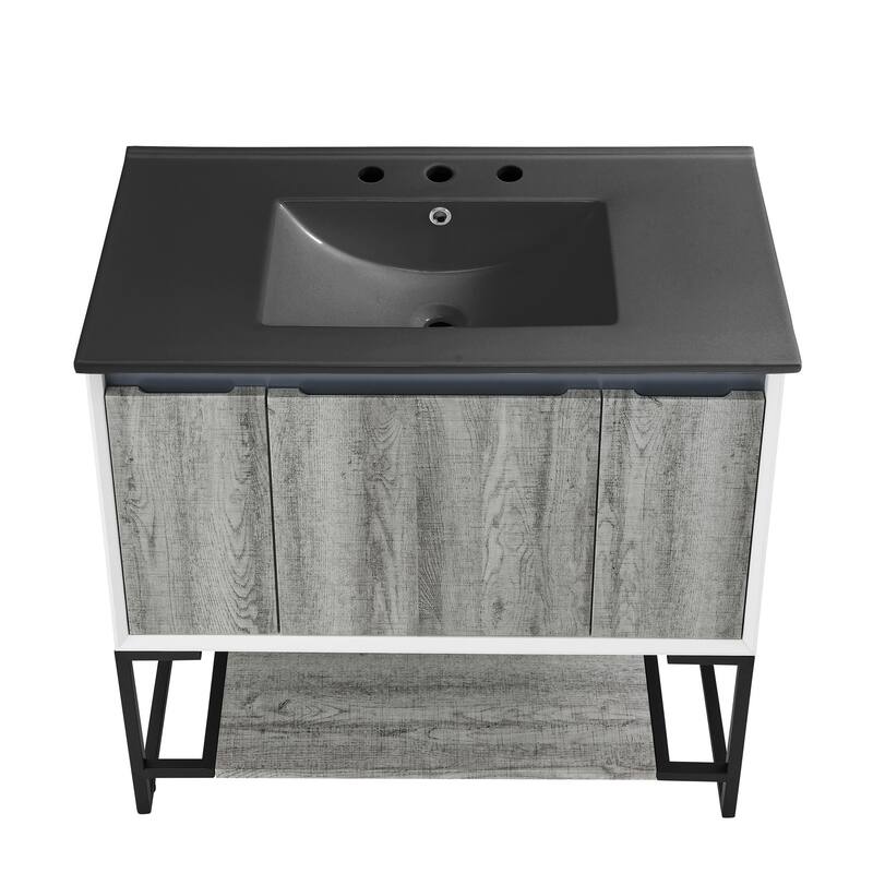 Marseille 36 In. Gray Bathroom Vanity With Black, 3-Hole Ceramic Sink Top