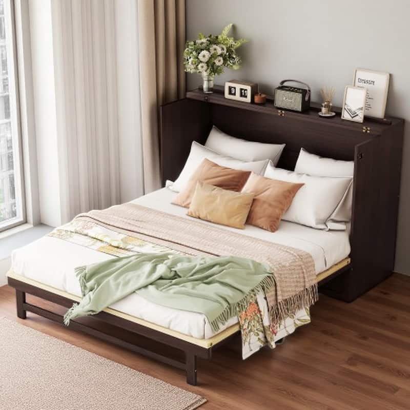 Queen Size Folding Cabinet Bed with Rattan Accent, Solid Pine Frame, Large Storage Drawer, Space-Saving Murphy Design - Espresso