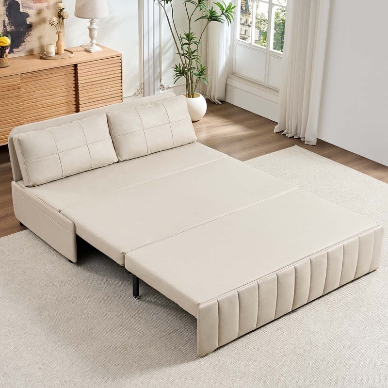 Mixoy Modern 62''Pull Out Sofa Bed,3-in-1 Pull Out Leathaire Fabric Sleeper Sofa Couch,Chaise Lounge,living room furniture