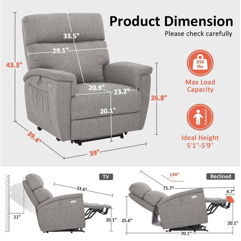 MCombo Power Recliner Lift Chair with Massage, Dual Heating and Adjustable Headrest for Big Elderly People, Fabric R7605