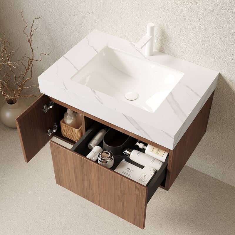 30" Bathroom Vanity & Sink, Floating Plywood Storage Cabinet with Drawer & Door, Sintered Stone Top & Ceramic Basin