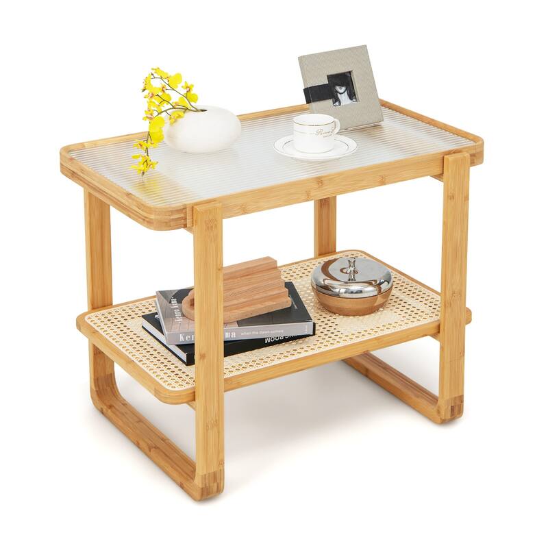 2-tier Wicker Side Table with Glass Top-Natural - 28" x 17.5" x 21.5"