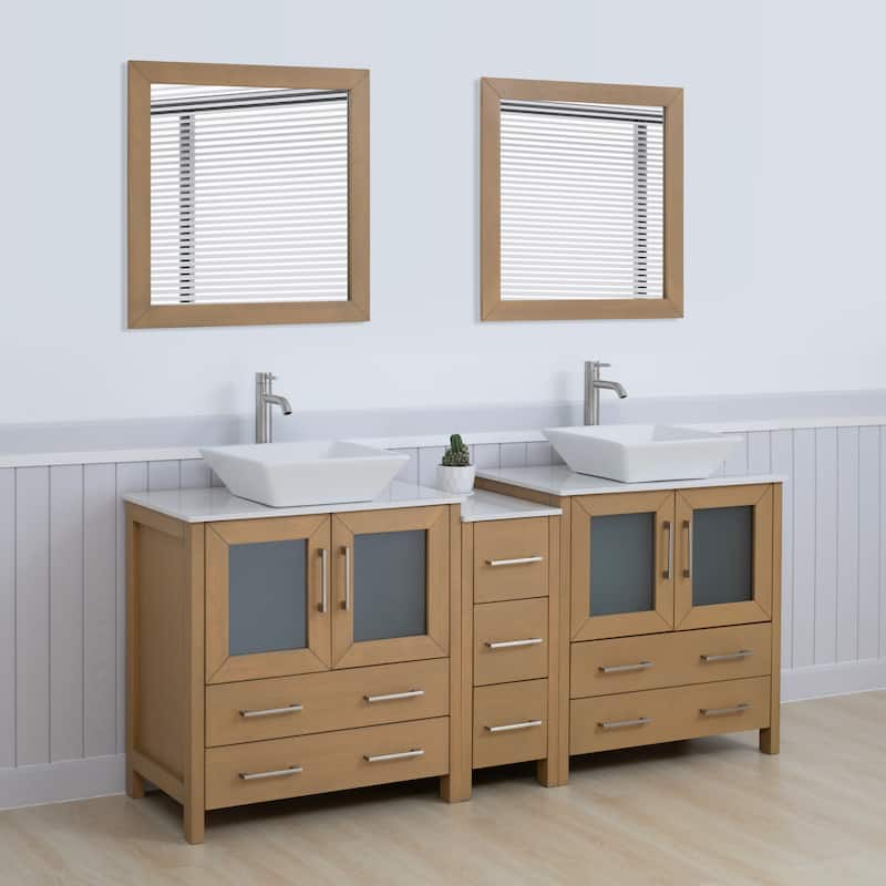 Vanity Art 72" Double Sink Bathroom Vanity Set with Engineered Marble Top Free Mirror - 72 x 18.5 x 36 Inches