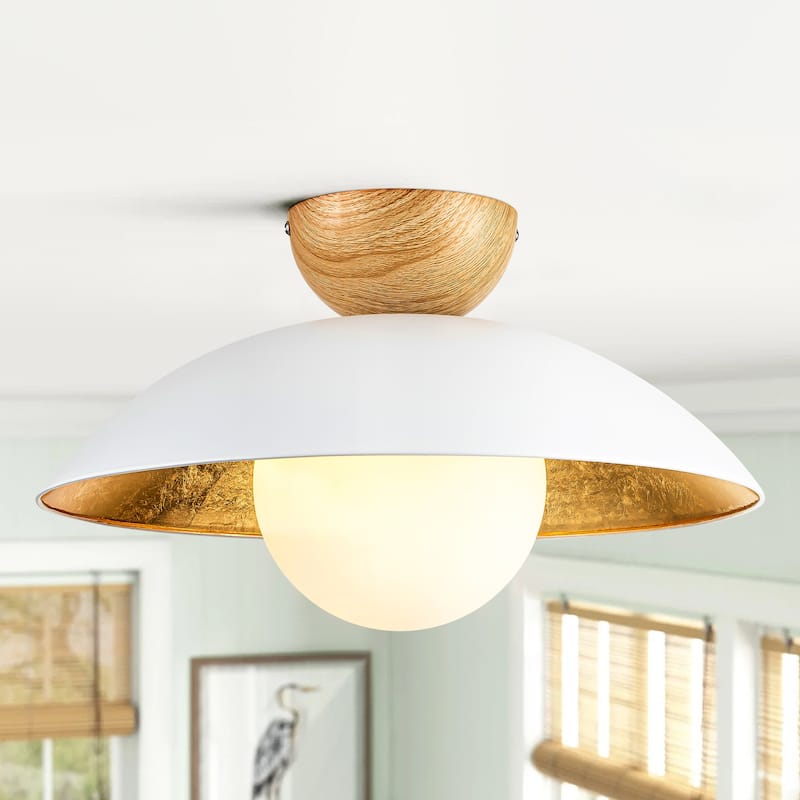 1-Light Wood Dome Gold Leaf Bowl Shape Opal Bubble Globe Glass Semi-Flush Mount Light