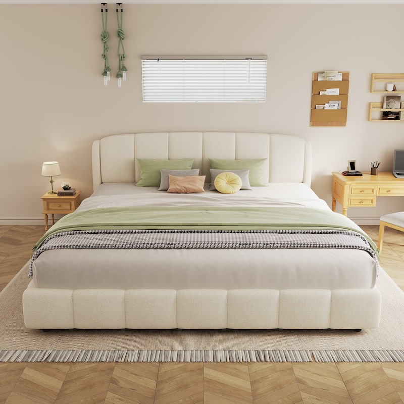 Upholstered Platform Bed w/Curve-Shaped Design Headboard, Soft Boucle Fabric Bed Frame, Wood Slats Support, Easy Assembly, Beige