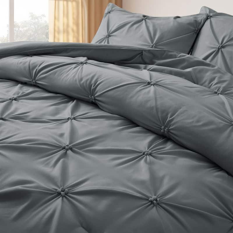 3 Piece Reversible Pintuck Pinch Pleat Comforter Set, Bedding Set for All Season