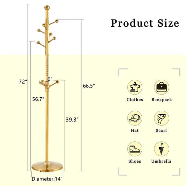 dimension image slide 0 of 2, Roomfitters Tall Stainless Steel Coat Rack with Solid Wood Base, 72" Entryway Hanger with Detachable Stand