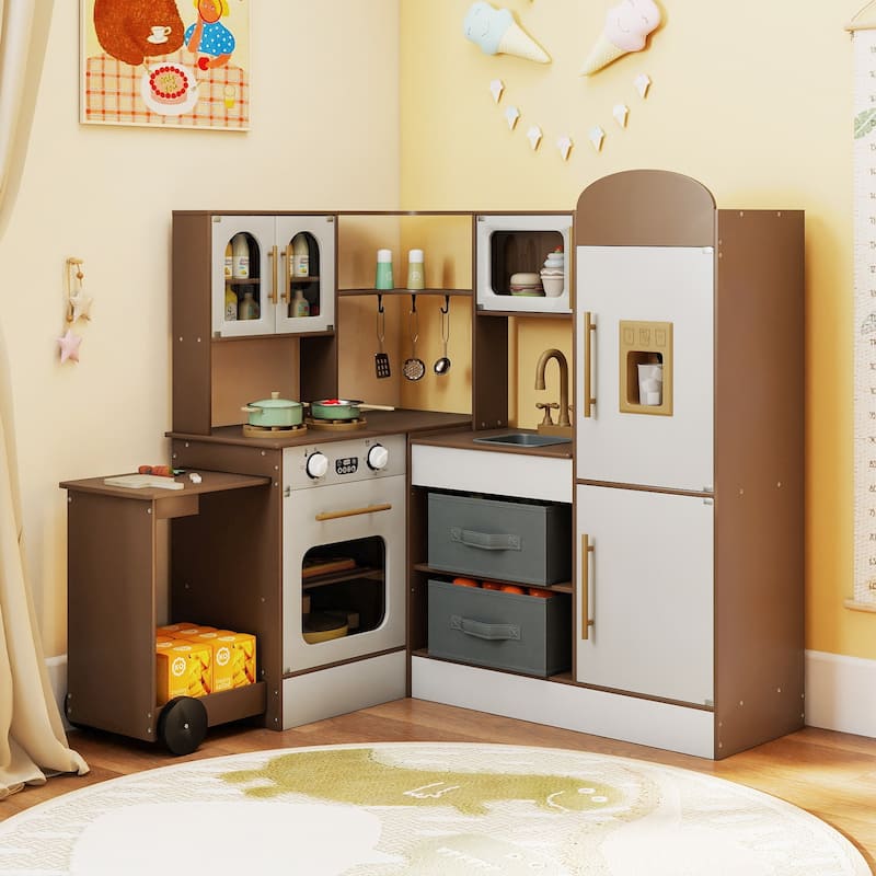 Costway Corner Kitchen with Lights and Sounds Interactive Wooden - See Details