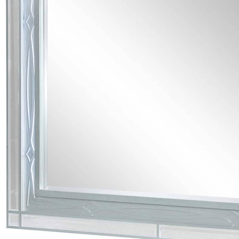 Gina 49 Inch Modern Mirror, Wood Frame, Built In Blue LED, Metallic Silver
