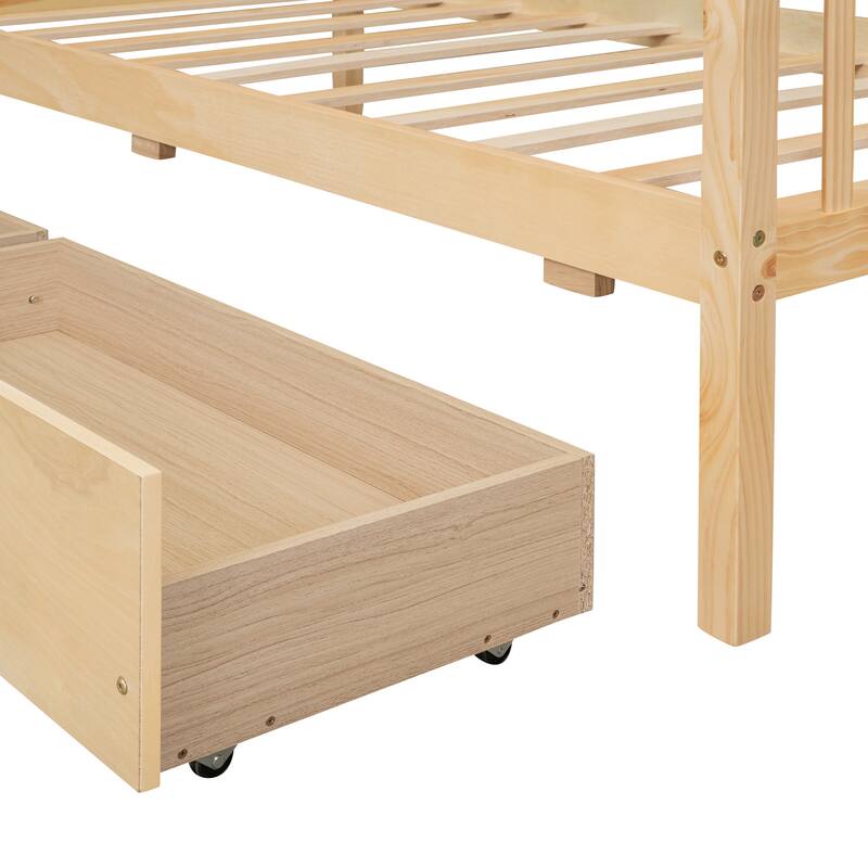 Wooden Twin/Full Size House Bed with 2 Drawers, Solid Pinewood Creativity House Shaped Sofa Bed Frame with Roof Design