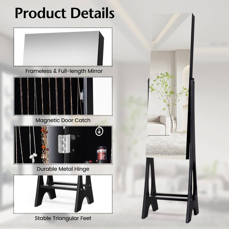 Freestanding Jewelry Cabinet Armoire Organizer with 5 Lined Shelves and Full Size Mirror - 14.5" x 13.5" x 61" (L x W x H)