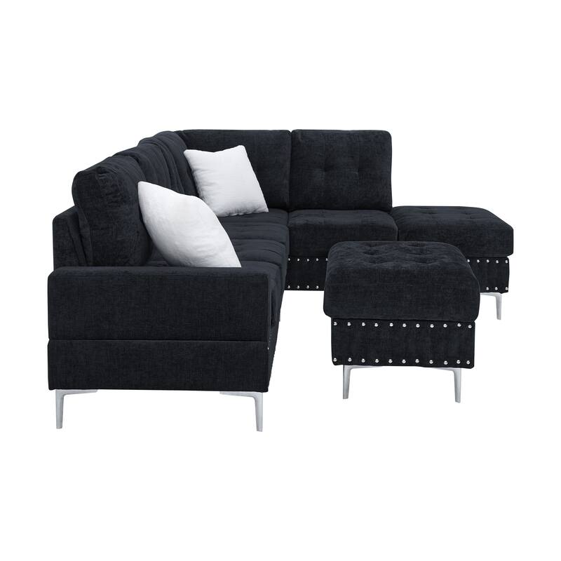 Roomfitters Sectional 3-Seater Sofa with Chaise, Storage Ottoman, Metal Legs, Nailhead Trim and Two Pillows