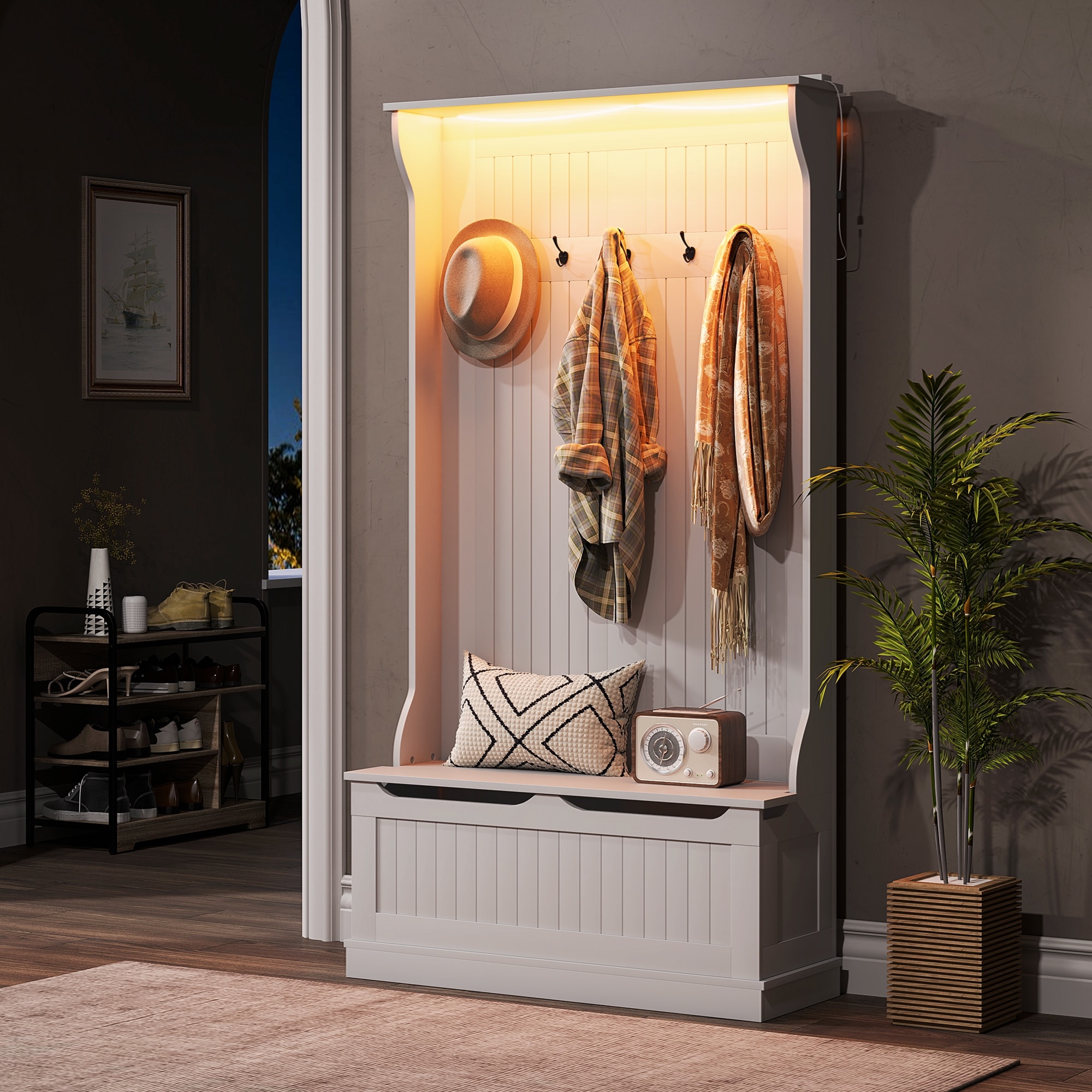 HOMCOM 3-In-1 Hall Tree with LED Lights and Shoe Storage, Standing Coat Rack with Shoe Bench, Entryway Organizer