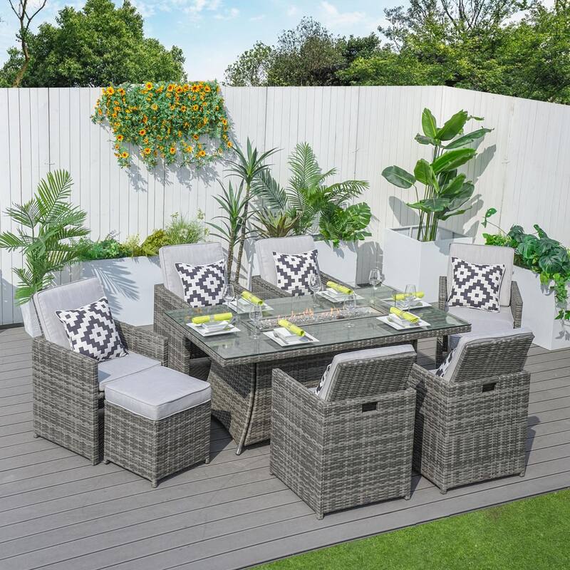 Luxury Style Dark Brown Wicker 11-Piece Outdoor Gas Fire Pit Dining Set