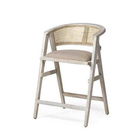 Tabitha Beige Fabric & Rattan Seat w/ Blonde Solid Wood Frame Counter Stool