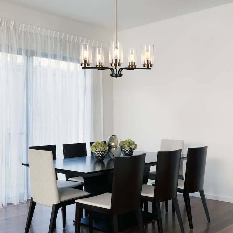 Modern Farmhouse 5-Light Black Gold Cylindrical Seeded Glass Shade Chandelier Wheel Pendant Lights for Dining Room - 24"D