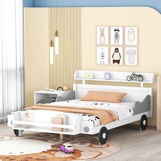 White Pine Wood Car Platform Bed with Storage Shelves