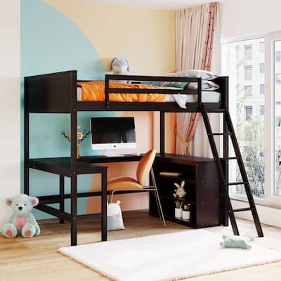 Loft Bed with Shelves and Desk, Wooden Loft Bed with Desk