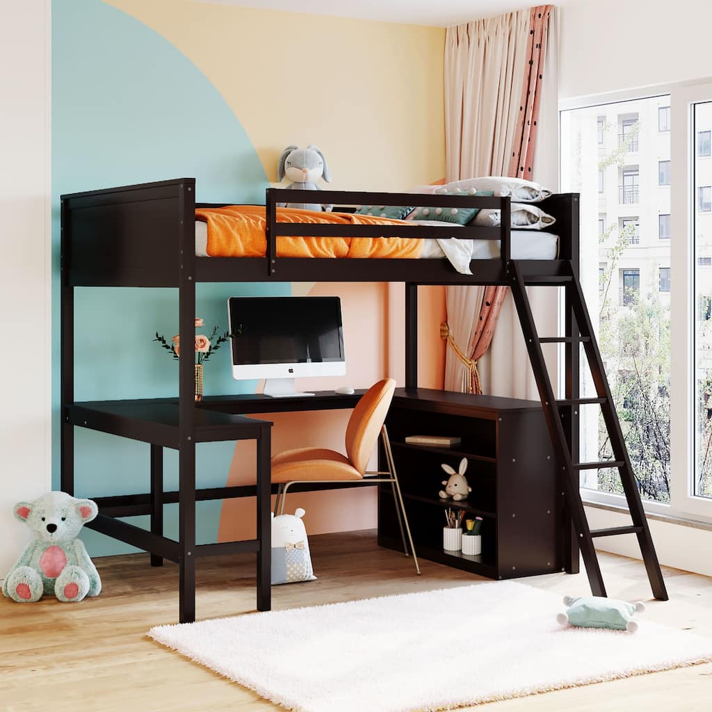 Space-Saving Full Size Loft Bed with Shelves and Desk in Espresso Finish