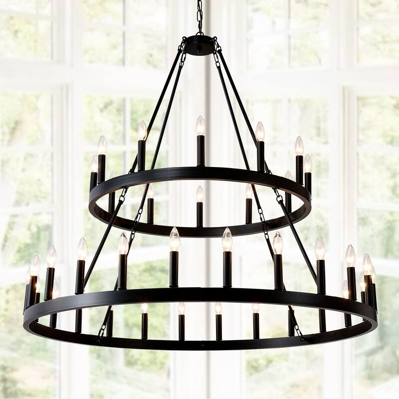 Farmhouse Industrial Style Ceiling Light, 2-Tier 36-Light Wagon Wheel Chandelier, for High-Ceilinged Living Rooms Dining Rooms