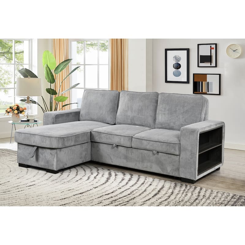 Roomfitters L Shaped Sectional Sofa Bed with Pull Out, Storage Chaise and USB Cup Holder - Light Gray
