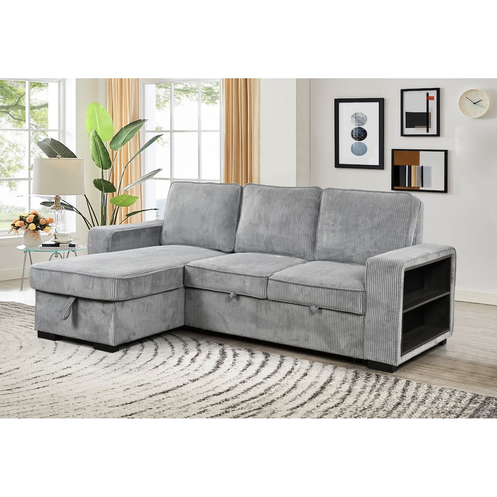 Roomfitters L Shaped Sectional Sofa Bed with Pull Out, Storage Chaise and USB Cup Holder