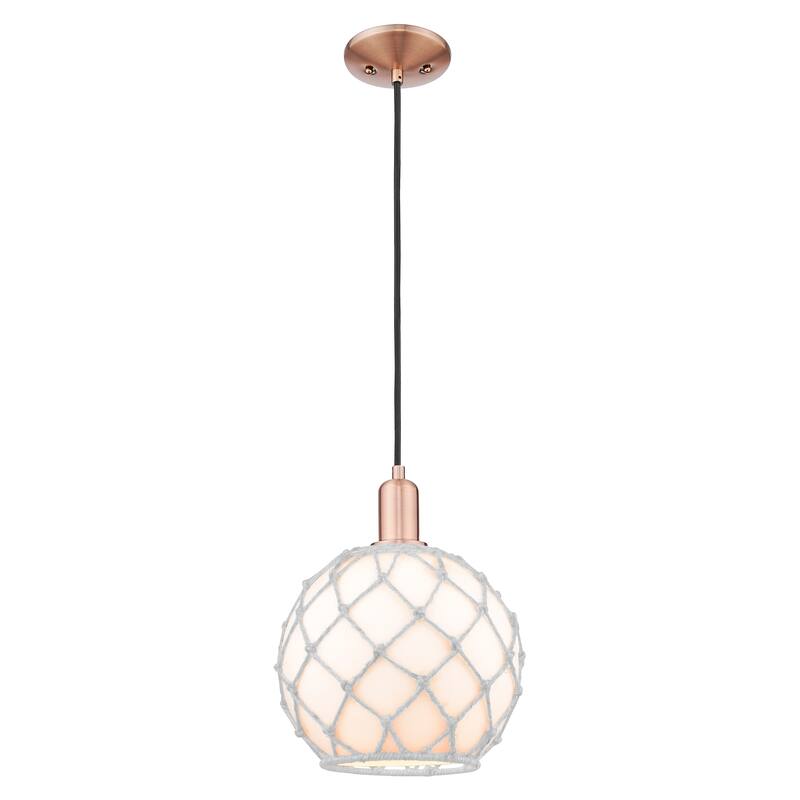 Innovations Lighting Endless Possibilities Arcadia - Farmhouse Rope - 1 Light 10" Cord Hung Mini Pendant - White Glass with White Rope/Antique Copper