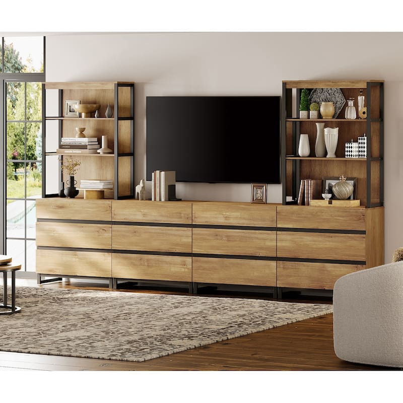 WAMPAT Modern TV Stand with 3 Tiers Bookshelf, Farmhouse Entertainment Center with 12 Drawers and Adjustable Shelf