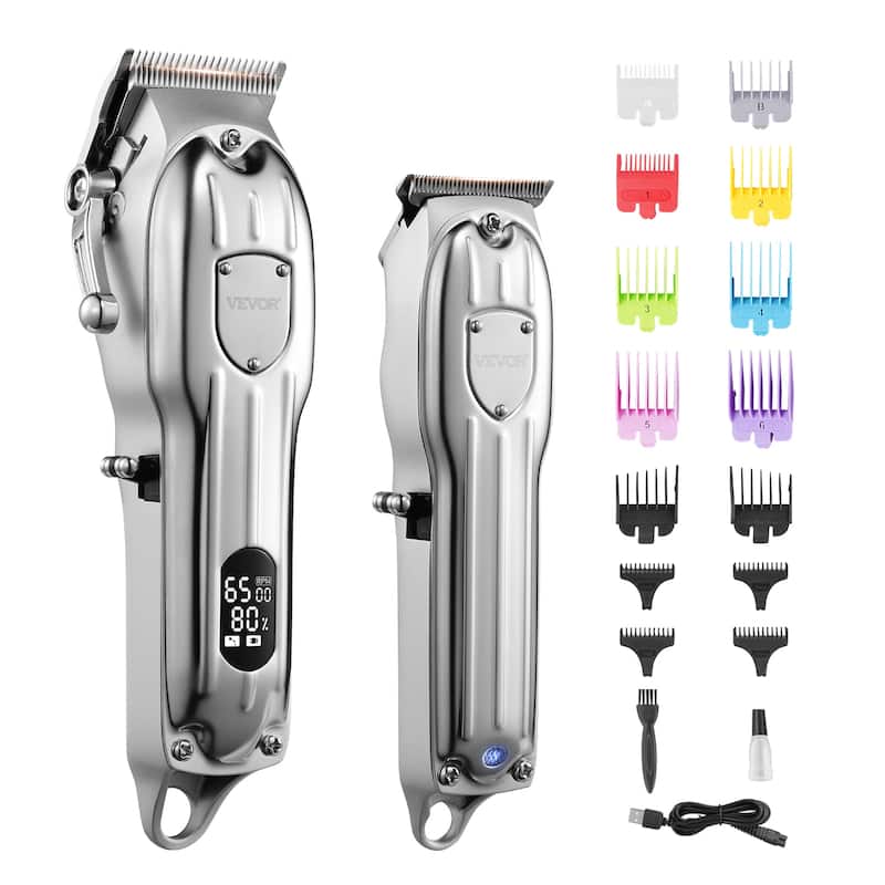 Professional Hair Clipper for Men, Cordless Barber Clippers and Trimmers Set, LCD Display Beard Trimmer with 14 Guide Combs - Silver