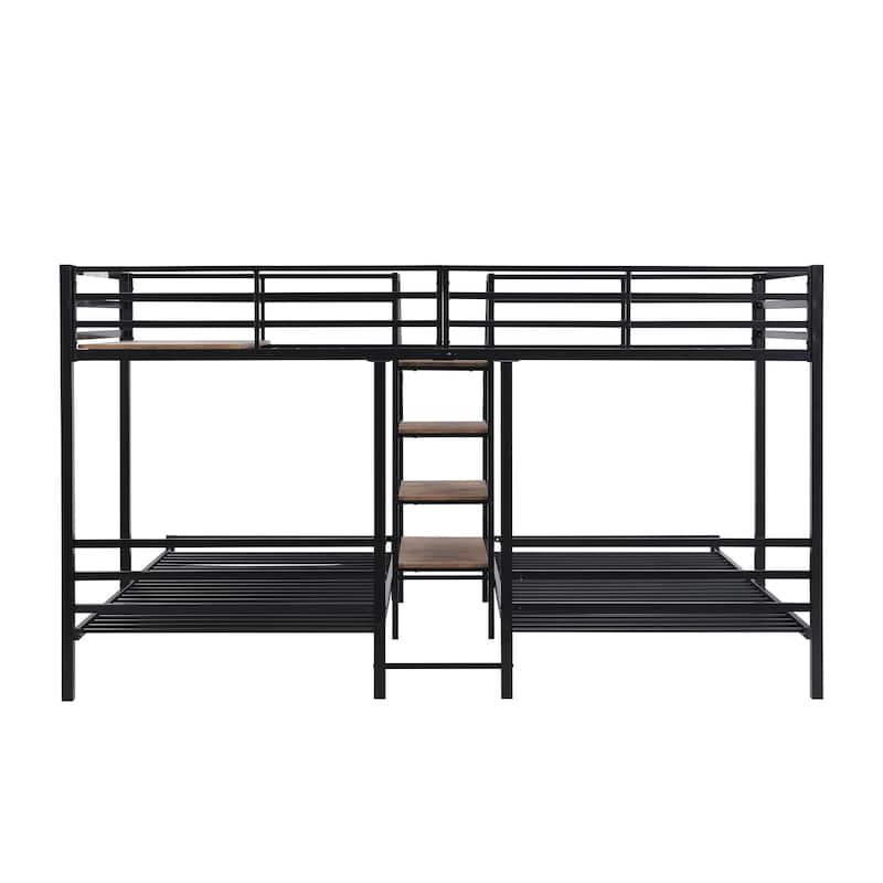 Metal Triple Bunk Bed with Storage Stairs, Twin Over Twin & Twin Bunk Bed with Shelves & Safety Guardrail for Kids Teens Adults
