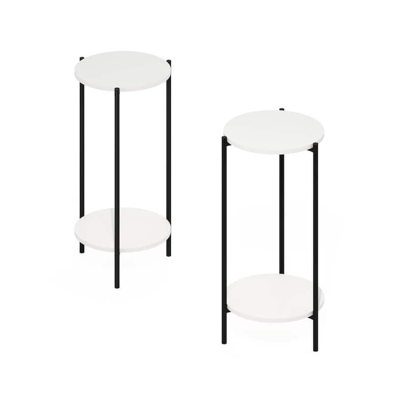 Furinno Besi 2-Tier Modern Tall Round Side End Table with Sturdy Metal Legs, Americano, Set of 2 - White/Black