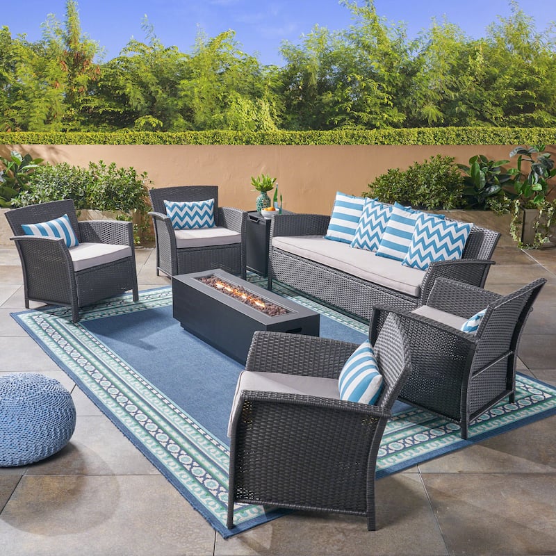 St. Lucia Outdoor 7 Seater Wicker Chat Set with Fire Pit by Christopher Knight Home - gray  + dark gray + silver cushion