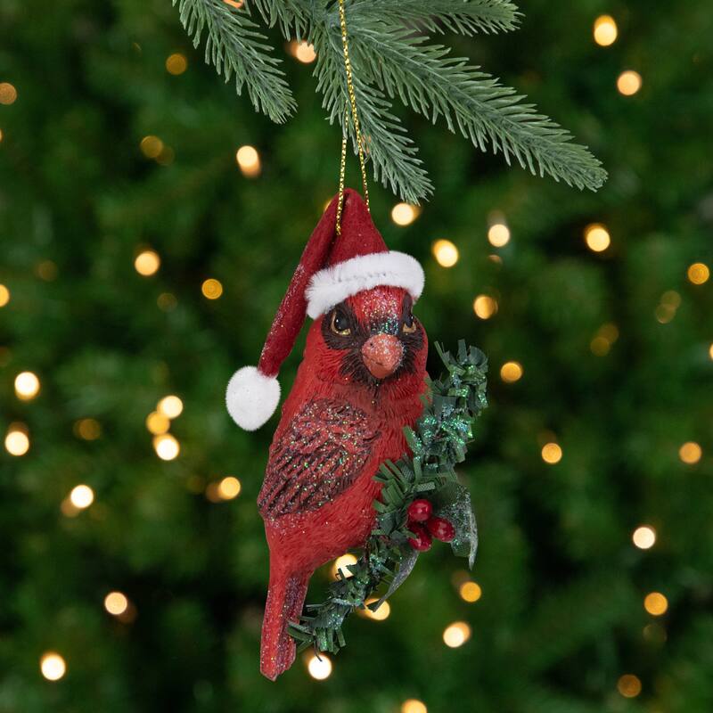 3.5" Red Cardinal Bird Wearing Santa Hat Christmas Ornament