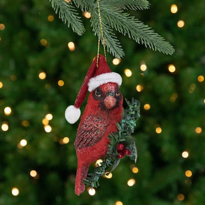 3.5" Red Cardinal Bird Wearing Santa Hat Christmas Ornament