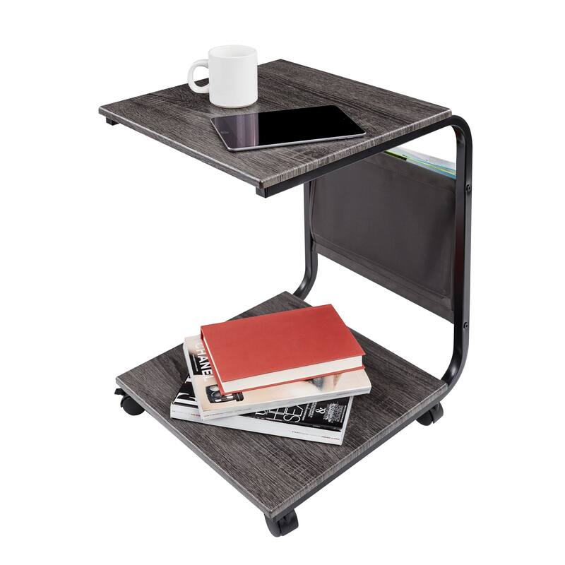 15.7 in. C Shaped End Table with Side Pocket Storage, Rustic Ashwood