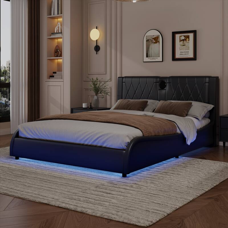Luxurious Faux Leather Upholstered Platform Bed with Thickened Headboard, tooth Speakers and RGB LED Light