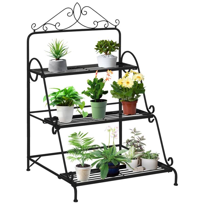 Metallic Black Steel 3-Tier Plant Stand with Scrollwork and Storage - 23.75" L x 23.5" W x 37.5" H - Metallic Black