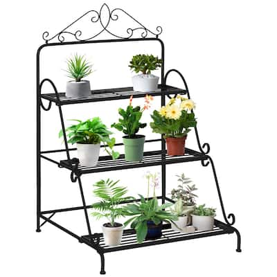 Metallic Black Steel 3-Tier Plant Stand with Scrollwork and Storage - 23.75" L x 23.5" W x 37.5" H