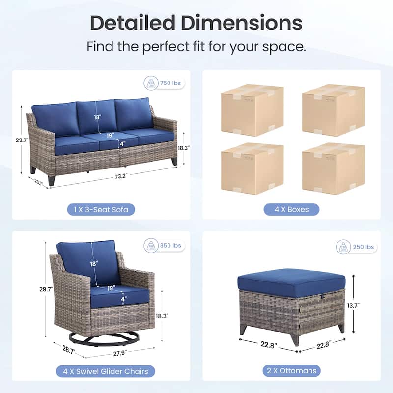 Pocassy 7-Piece Outdoor Sofa Swivel Chair w/ Ottoman Set