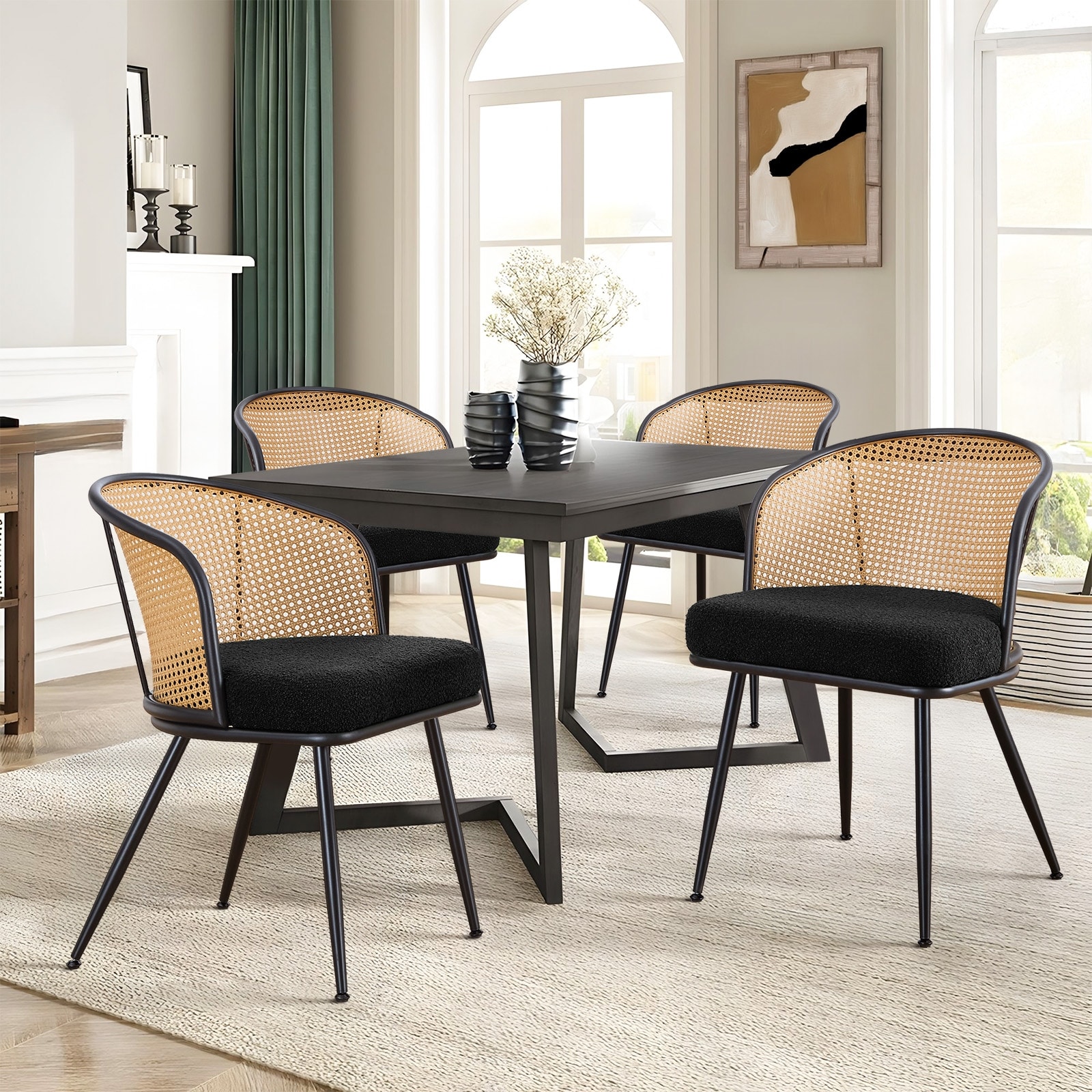 Upholstered Rattan Dining Chairs with Metal Legs Set of 2/4 - 29.92"H x 20.5"W x 23.03"D