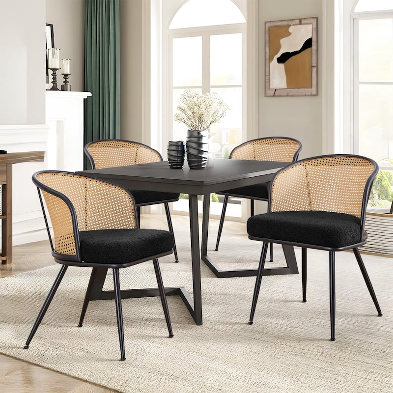 Upholstered Rattan Dining Chairs with Metal Legs Set of 2/4 - 29.92"H x 20.5"W x 23.03"D - Set of 4 - Fabric-Black