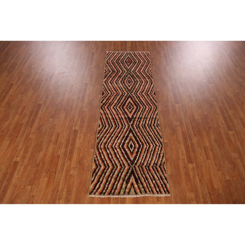 Geometric Moroccan Runner Rug Handmade Oriental Wool Carpet - 2'10" x 9'5"