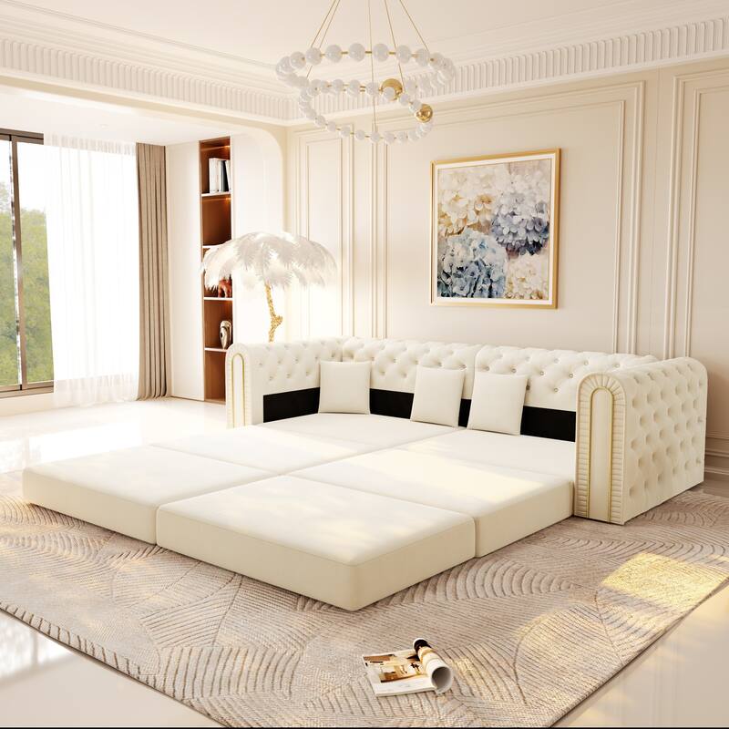 GDFStudio - 90.6" 3-in-1 Convertible Velvet Sleeper Sofa with Movable Ottoman