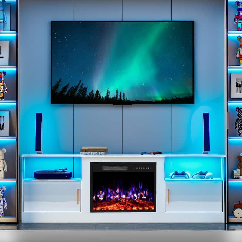 BOSSIN 70-inch TV Stand with 23" Electric Fireplace, Modern High-Gloss Entertainment Center for TVs up to 80" for Living Room
